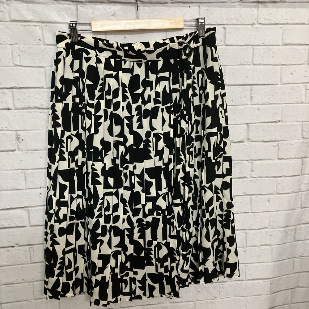 Calligraphie Black White Pleated Faux Wrap Midi Skirt Women's Large